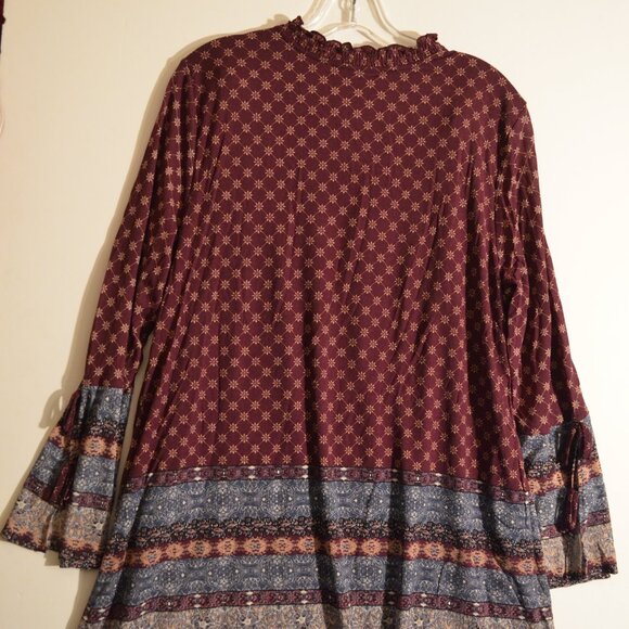 Style & Co Bohemia Style Ruffle Collar V-Neck Lace Burgundy-Gray Floral Blouse L - Picture 2 of 8